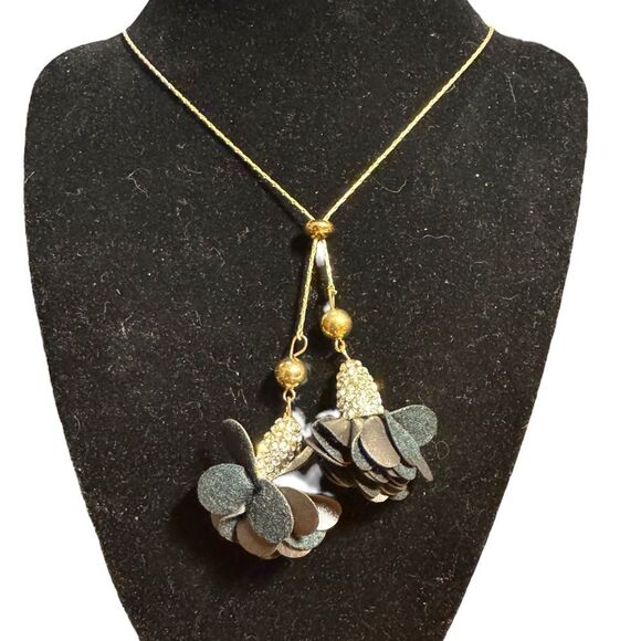 INC International Concepts Gold and black flower lariat Necklace - Picture 1 of 3